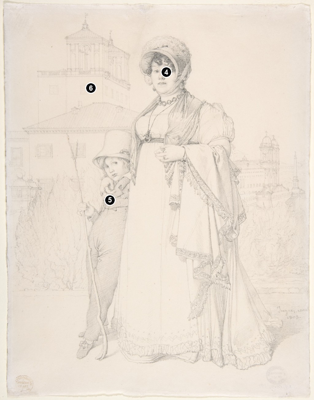 Annotated details from Madame Guillaume Guillon Lethière and Lucien by Ingres
